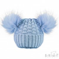 H670-BB: Baby Blue Checked Hat w/Pom Poms (0-12m)